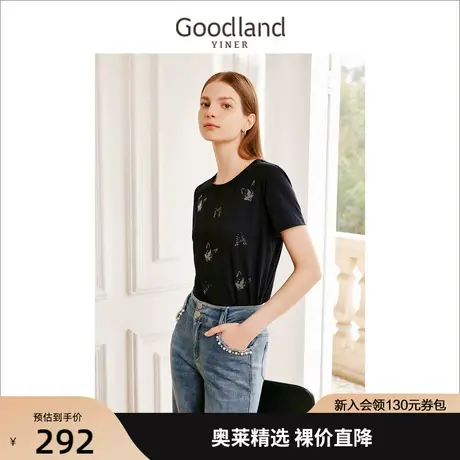 【赫本猫联名】音儿美地女装2023夏季新款烫钻LOGO圆领T恤上衣商品大图