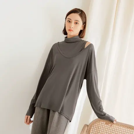 桔熊秋冬季简约舒适两件套上衣高领背心长袖t恤女装大码AB17703图片