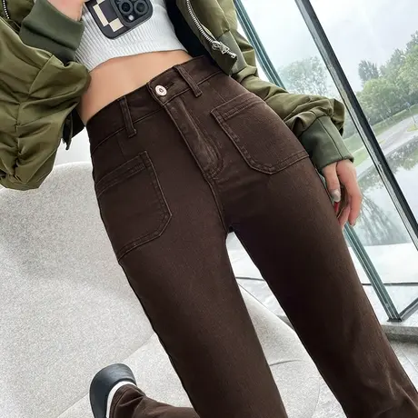 咖啡色微喇牛仔裤女春秋美式辣妹高腰垂感长裤ins潮显瘦直筒裤子商品大图