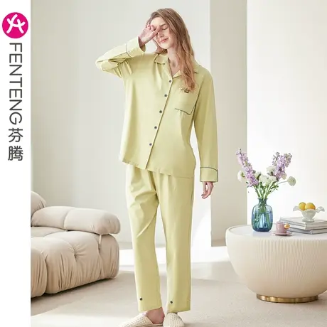 芬腾纯棉睡衣女春秋季长袖翻领开衫休闲全棉少女可外穿家居服套装商品大图