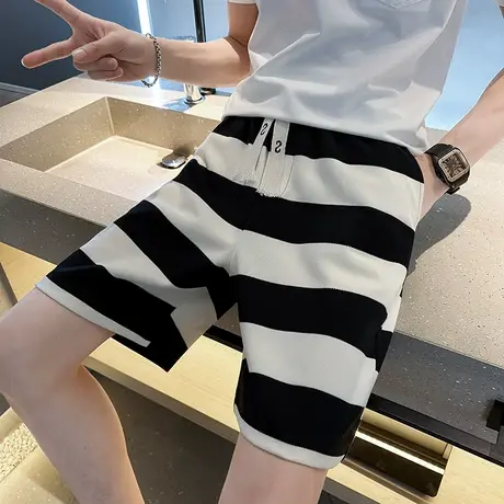 夏季时尚休闲拼接条纹男五分短裤新款潮牌运动百搭穿搭短裤卫裤商品大图