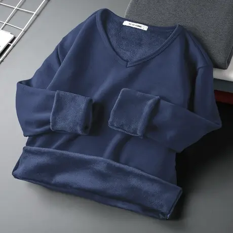 长袖t恤男潮牌潮流修身V领纯色秋衣加绒加厚秋冬季保暖内搭打底衫商品大图