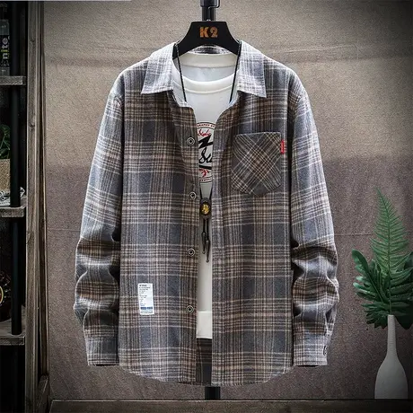 2023新款秋季格子衬衫男长袖秋装潮流衬衣男士春秋款休闲寸衫外套商品大图