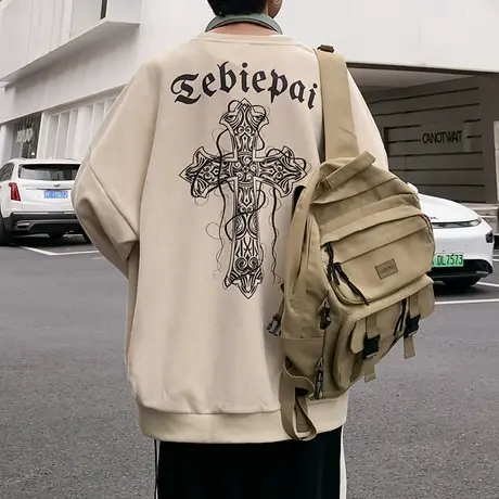 麂皮绒长袖卫衣男春秋季圆领ins潮牌无帽港风宽松印花复古上衣服商品大图