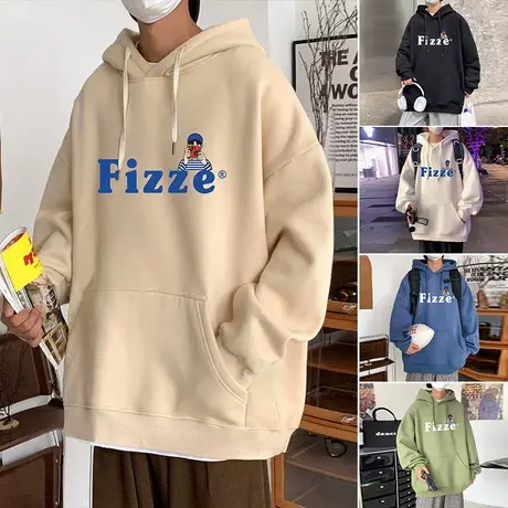 加绒加厚卫衣男秋冬季美式潮牌印花宽松外套学生港风休闲连帽上衣商品大图