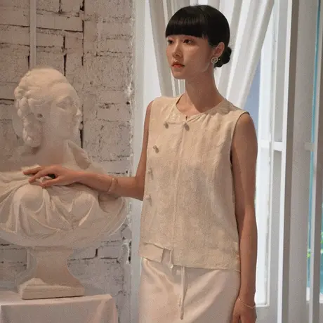 新中式女装马甲外搭秋季人丝提花复古背心马夹无袖国风坎肩外套图片