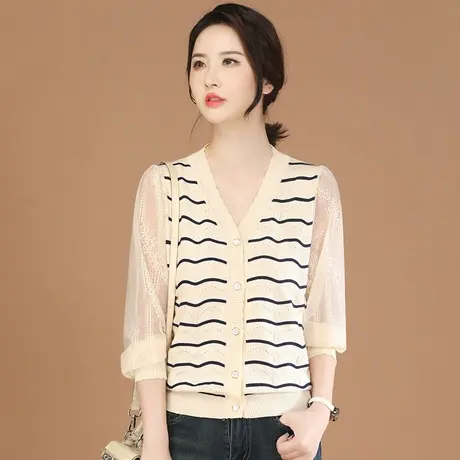 韩潮袭人假两件蕾丝拼接条纹针织衫女2023秋季新款套头V领毛衣图片