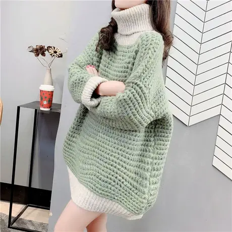 高领毛衣女秋冬加厚宽松慵懒风外穿中长款粗毛线韩版百搭洋气上衣商品大图