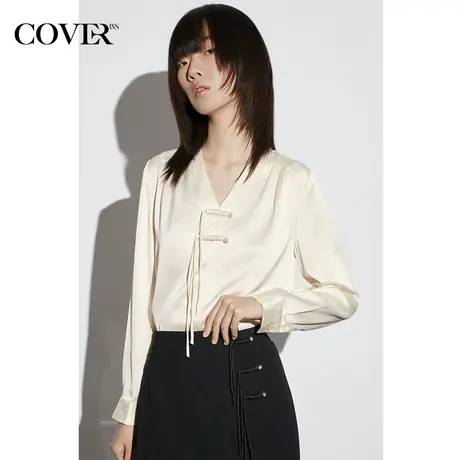 COVER2023春季新中式缎面泡泡小格纹衬衫图片