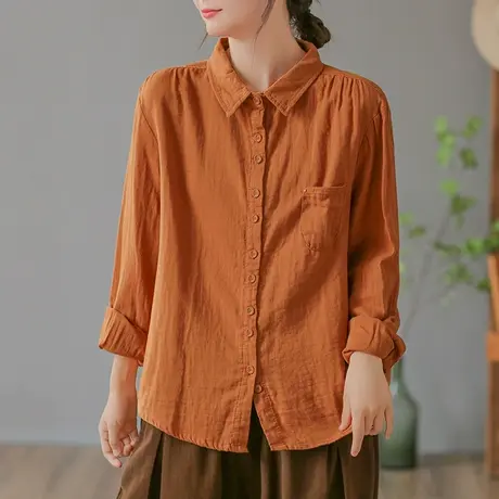 dza 复古纯色全棉翻领长袖衬衣女士显瘦上衣春秋新款宽松百搭衬衫图片