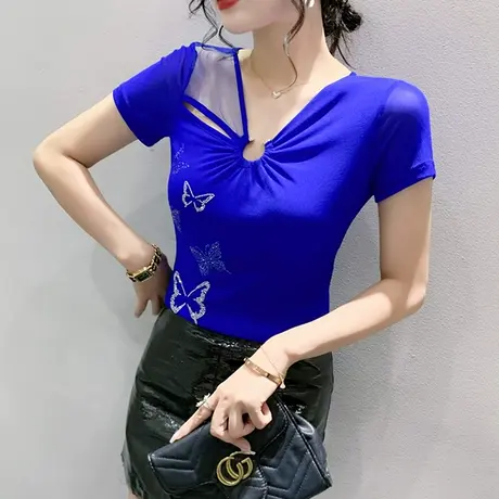 性感V领网纱T恤女短袖时尚洋气百搭小衫夏季设计感小众烫钻上衣潮商品大图