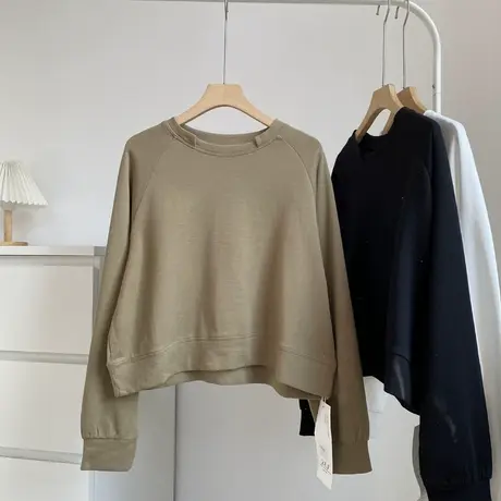 春季简约大气百搭纯色圆领塌肩长袖短款卫衣女宽松显瘦百搭上衣潮商品大图