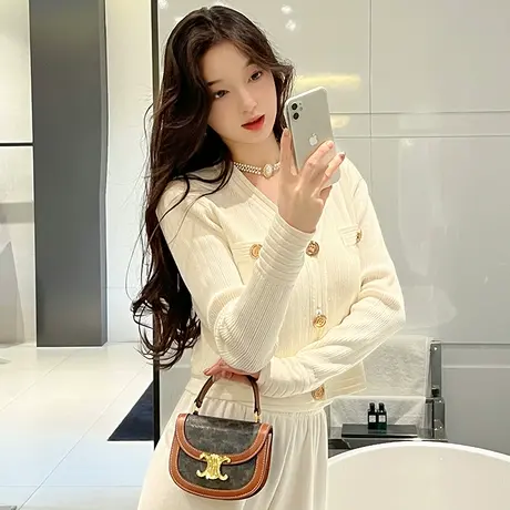 休闲百搭小香风外套女2023新款洋气小个子长袖针织白色短披肩外搭图片