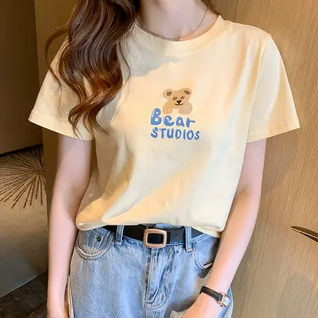 奶黄色正肩短袖t恤女2024夏季新款宽松百搭学生卡通体恤纯棉上衣图片