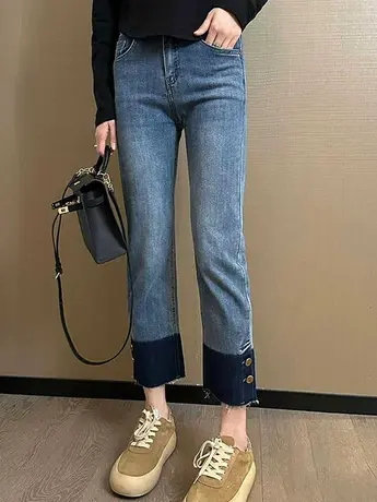 欧洲站拼接烟管牛仔裤女2023春季新款欧货女装时尚洋气九分直筒裤图片