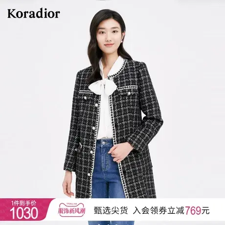 珂莱蒂尔中长款气质时尚休闲小香风黑色时尚洋气粗花呢外套女新款图片