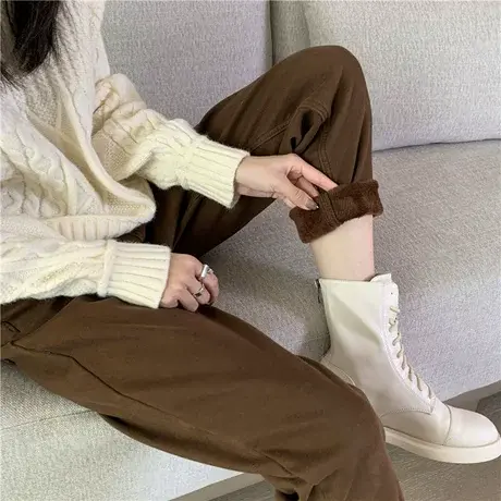 咖啡色加绒牛仔裤女直筒宽松秋冬加厚高腰显瘦休闲老爹工装哈伦裤商品大图