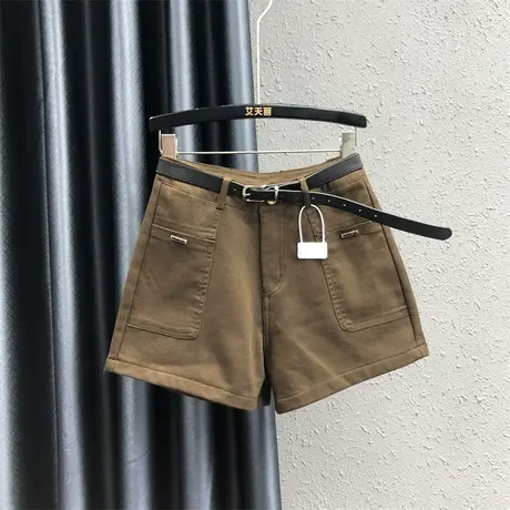 欧货金属装饰阔腿裤女23秋冬新款咖啡色个性口袋高腰a字牛仔短裤图片