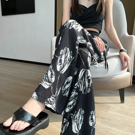 黑色阔腿裤女春夏薄款高腰垂感窄版显瘦复古印花休闲慵懒风直筒裤商品大图