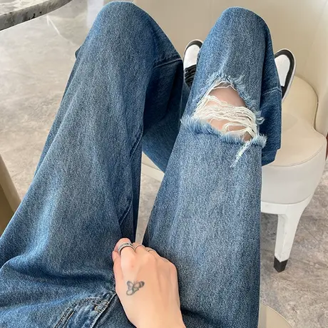 破洞阔腿牛仔裤女2023年春秋新款高腰直筒宽松显瘦ins百搭拖地裤商品大图
