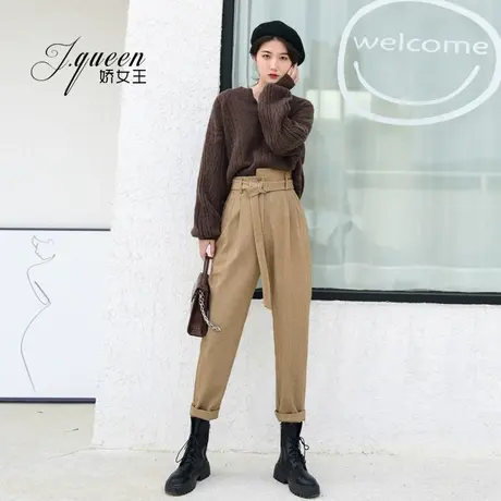 毛呢哈伦裤女冬季宽松显瘦系带复古烟管裤人字纹高腰小脚萝卜裤子商品大图