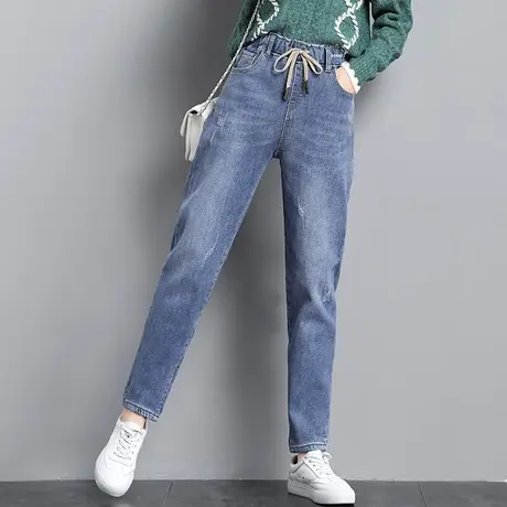 松紧腰大码牛仔裤女2024年新款秋冬加厚加绒裤子老爹裤萝卜哈伦裤图片