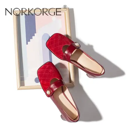 2025新款春复古红色单鞋婚鞋女鞋真皮方头粗跟高跟鞋仙女风小皮鞋商品大图