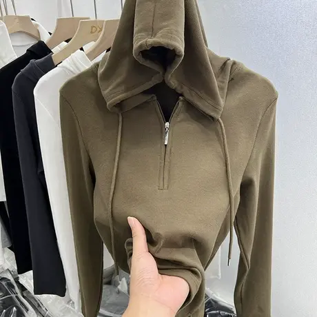 2022秋装新款欧货螺纹长袖T恤女休闲套头连帽衫卫衣外搭洋气上衣商品大图