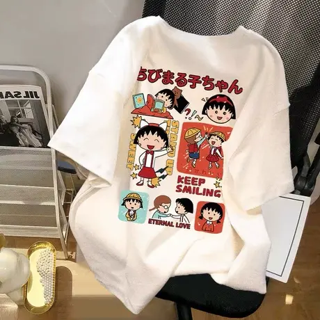 日系卡通小丸子短袖t恤女夏季新款宽松圆领大码纯棉白色半袖上衣图片