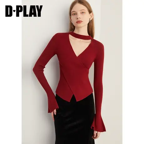 DPLAY2025年春季气质通勤半高领修身喇叭长袖红色针织衫毛衣女图片
