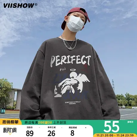 VIISHOW长袖t恤男青少年纯棉秋季潮牌印花圆领上衣学生套头打底衫图片