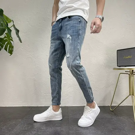 裤子男牛仔裤春秋季新款男士裤子潮流破洞浅蓝修身小脚牛仔长裤男商品大图
