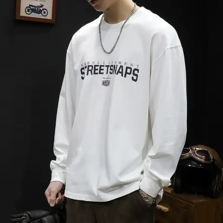 内搭长袖t恤男纯棉2023新款秋季潮牌宽松大码白色春秋男士打底衫图片