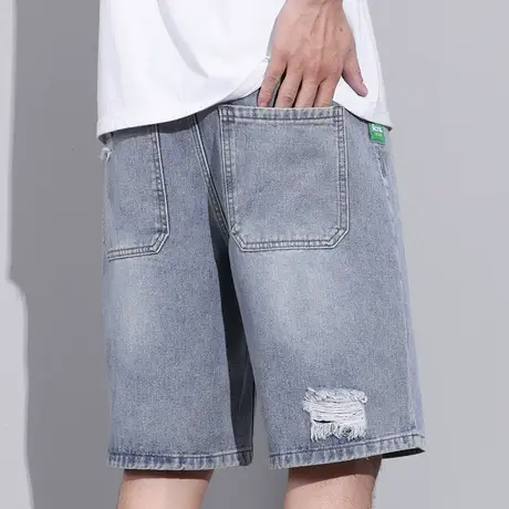 潮牌痞帅气夏款男士五分休闲牛仔短裤夏季薄款男生乞丐破洞中裤子商品大图