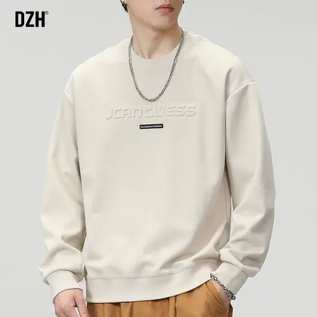 男士杏色圆领卫衣男春秋款男装2024年新款美式上衣宽松休闲打底衫商品大图