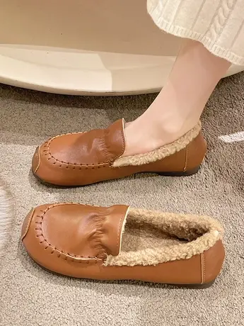 豆豆鞋女冬季外穿2023新款加绒保暖毛毛鞋一脚蹬平底低帮妈妈棉鞋商品大图