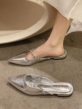 2023夏新款法式晚晚风平底包头凉拖鞋女链条尖头穆勒半拖鞋女单鞋商品大图