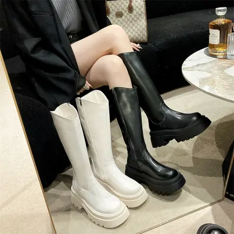 复古长筒靴女2023年秋冬季新款法式洋气显瘦时装靴粗跟厚底骑士靴商品大图