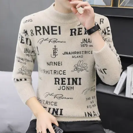 冬季高端水貂绒男士小蜜蜂刺绣休闲打底衫欧洲站加厚半高领毛衣潮图片