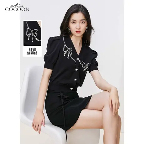 missCOCOON法式短袖黑色针织衫开衫女夏2023新款蝴蝶结泡泡袖上衣商品大图