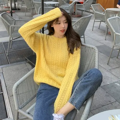 唐狮冬新款复古纯色套头女毛衣韩版潮流宽松女毛线衫ins潮ZW图片