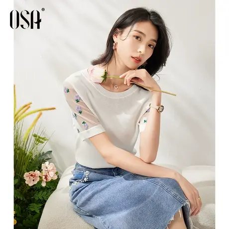 OSA欧莎白色设计感小众薄款冰丝短袖针织衫上衣女夏季2023年新款商品大图