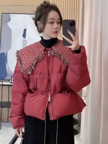 欧货短款粗花呢拼接娃娃领红色羽绒服女冬季洋气小个子收腰外套潮图片