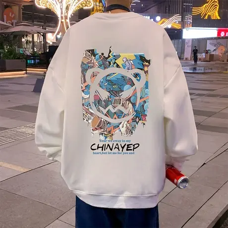 圆领加绒卫衣男春秋季2024新款美式宽松卡通印花港风潮牌男装上衣商品大图