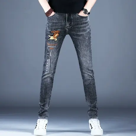 男士秋冬季新款刺绣牛仔裤男款修身小脚裤子潮流灰色弹力高端潮牌商品大图