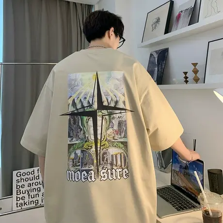 美式短袖T恤男设计感小众十字架印花衣服ins夏季欧美情侣款半截袖商品大图