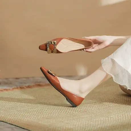 平底单鞋女2024新款法式复古软底一脚蹬金属扣通勤百搭浅口豆豆鞋商品大图