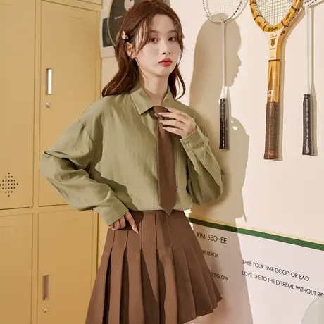 唐狮春秋季衬衫女薄款简约宽松百搭显瘦长袖上衣森系衬衣外套图片