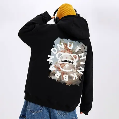 Nuthink中性带帽oversize小熊卫衣男国潮加绒大码帽衫外套冬季潮商品大图