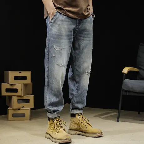 破洞牛仔裤男2024新款春季直筒浅色裤子宽松大码春秋男士锥形潮牌商品大图
